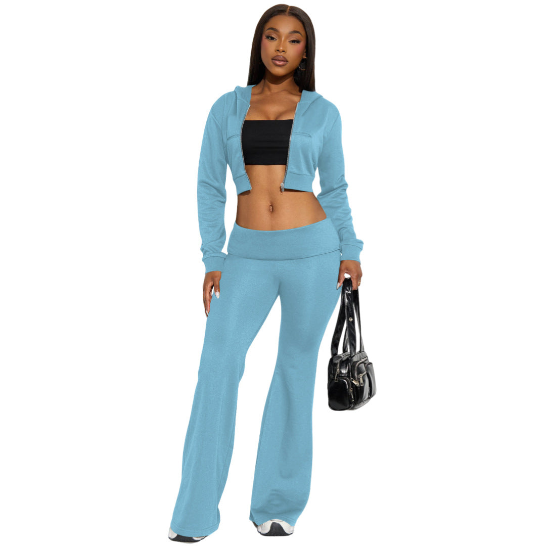 Stylish Casual Solid-color Two-piece Hoodie Cardigan Set