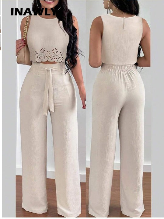 Womens Floral Off-Shoulder Sleeveless Top And Tie-Front Pants Casual Set