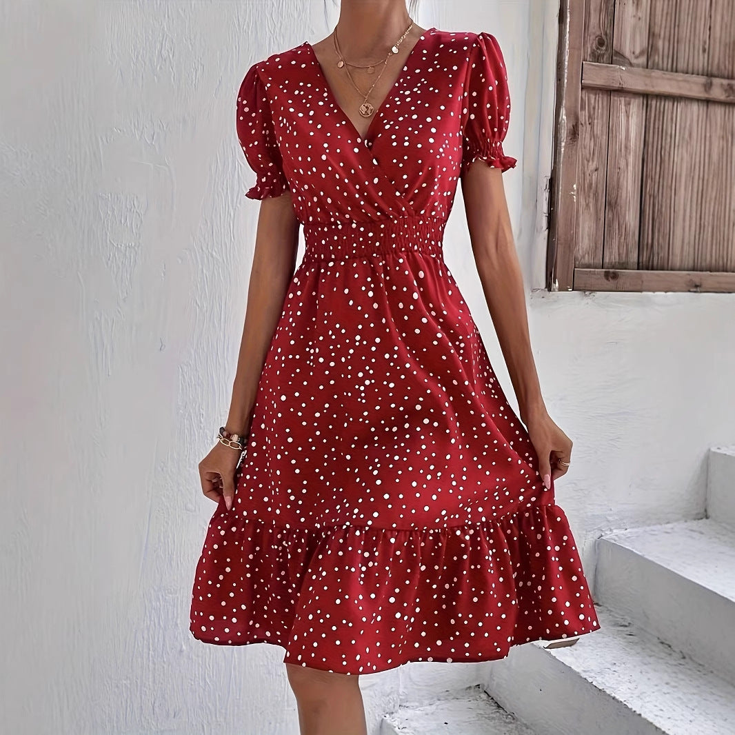 Casual Short Sleeve Cross Collar Polka Dot Dress