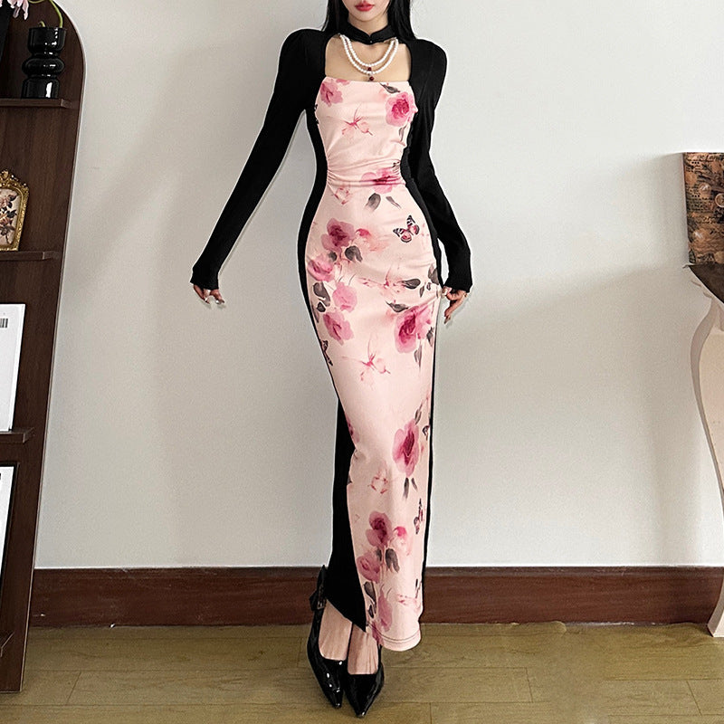 Retro Hot Girl Printing Color Contrast Slim Fit High Waist Long Sleeves Dress Women