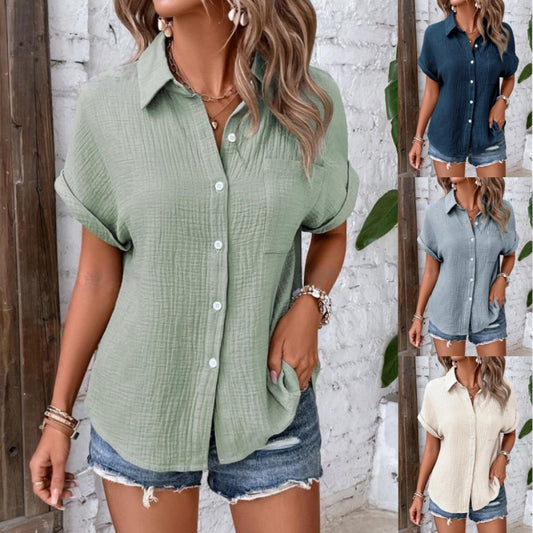 Summer New Women's Pure Cotton Shirt Solid Color Casual Button Shirt With Pocket