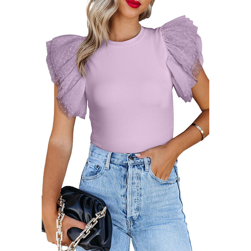 Women's Ruffle Sleeve Pullover Solid Color Short Sleeve Simple Top