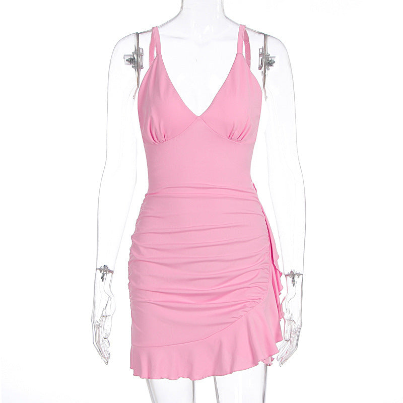 Hip-wrapped Pleated Deep Ruffled Dress
