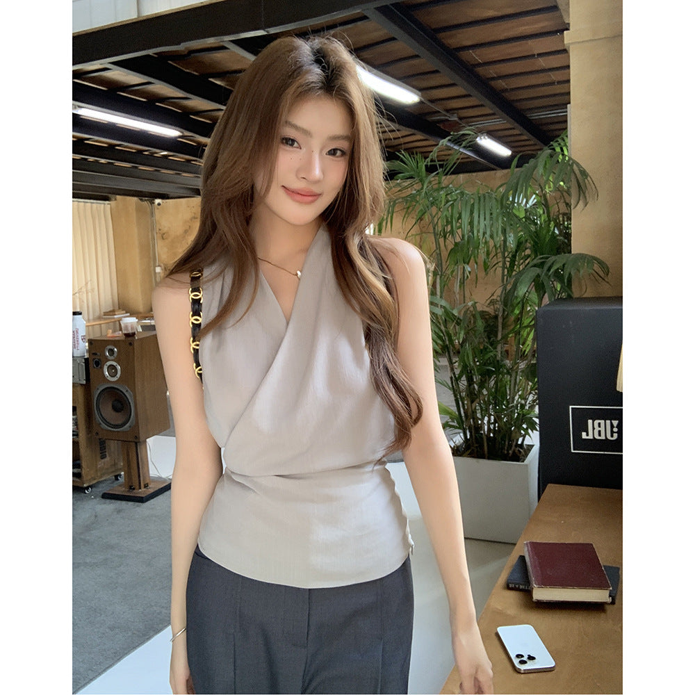 Solid Graceful And Fashionable V-neck Vest Strap Sleeveless Shirt