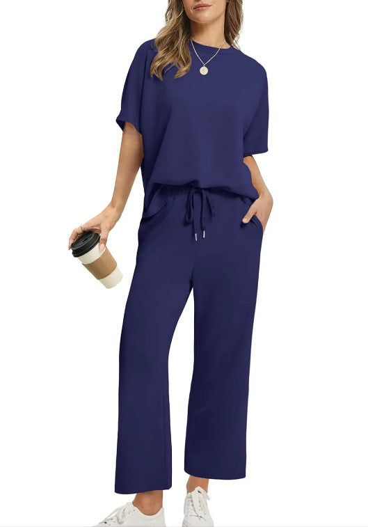 European And American Women's Solid Color Short-sleeved Casual Wide-leg Pants Suit