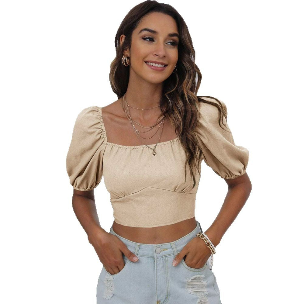 Square Neck Lantern Sleeve Solid Color Backless Tie T-shirt