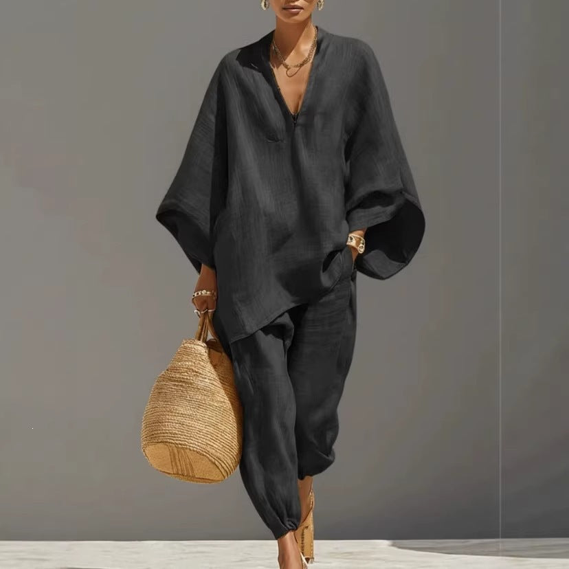 Casual Relaxed Loose-Fitting Solid-Color Shirt Set