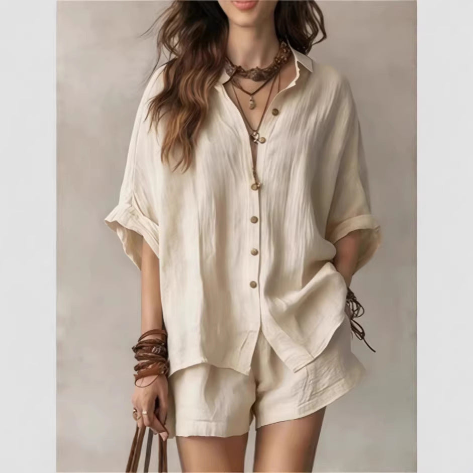Womens Casual Two-Piece Set Shirt Shorts