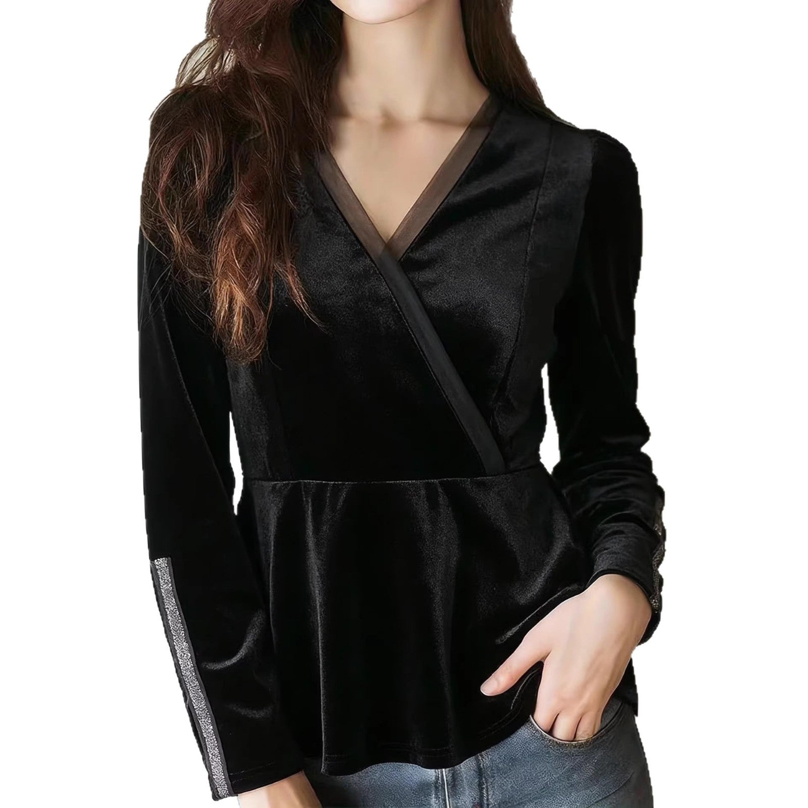 Black V-neck Figure-hugging Cinched-waist Velvet Top With Long Sleeves For Women