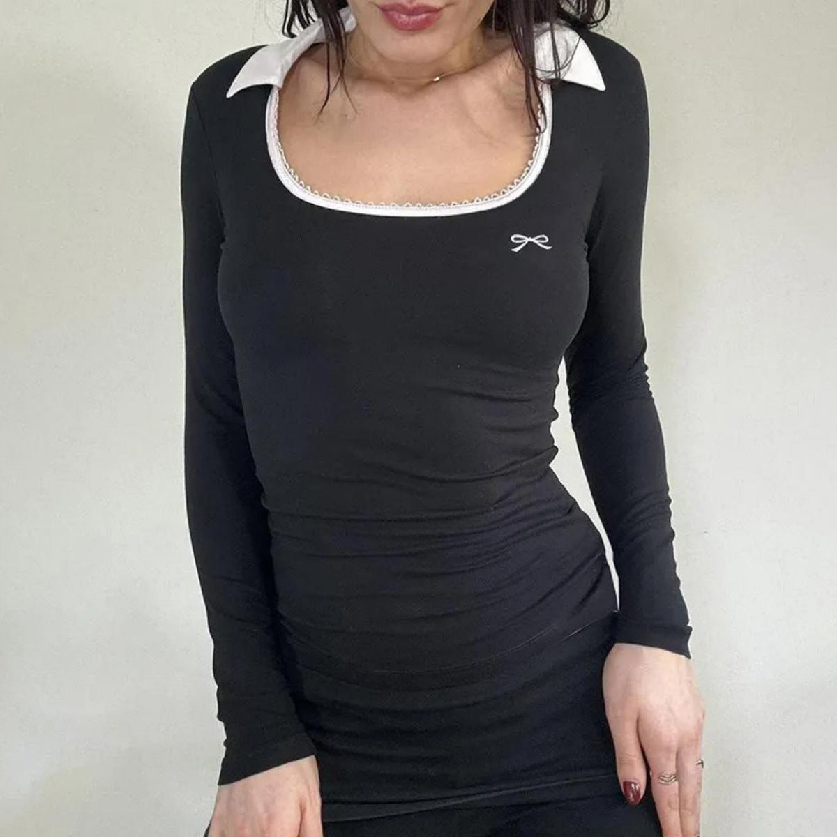 Casual Slim-fit U-neck Solid Color Knitted Long-sleeved Top Women's Clothing
