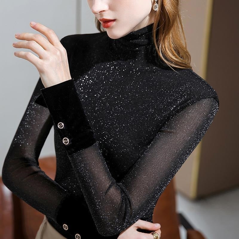 New High-neck Mesh Base Layer Women's Long-sleeved Top