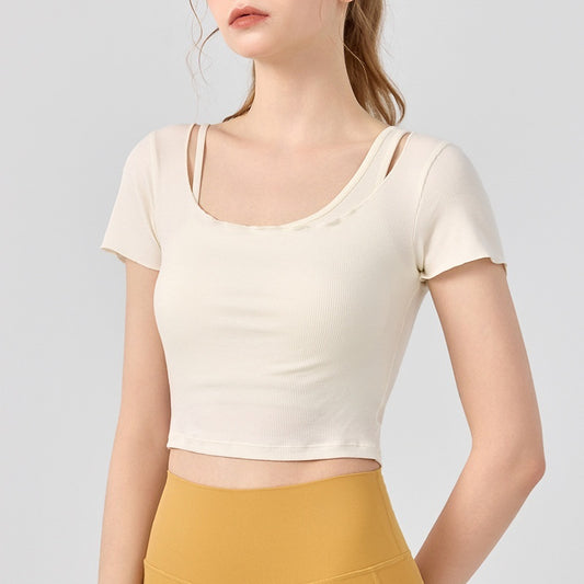 Women's Outerwear Short-sleeved Two-piece Workout Clothes With Chest Pad