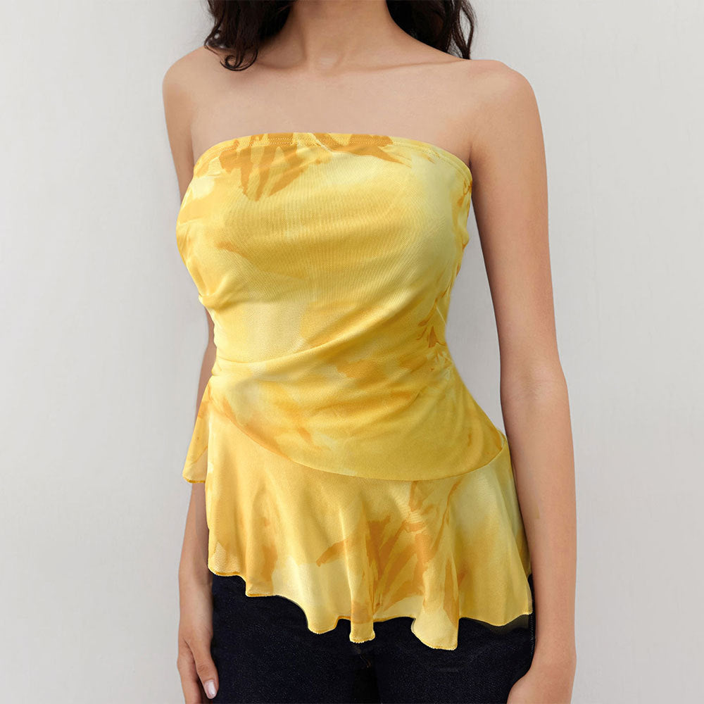 Womens Off-the-Shoulder Ruffled Tube Tie-Dye Vest Top