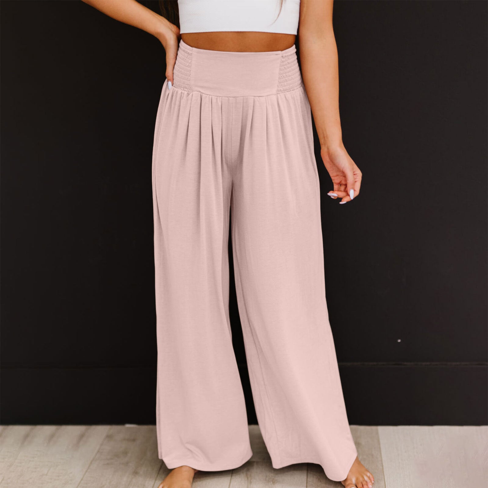 Women's Casual Cotton And Linen Smocking Distressed Mid-waist Trousers