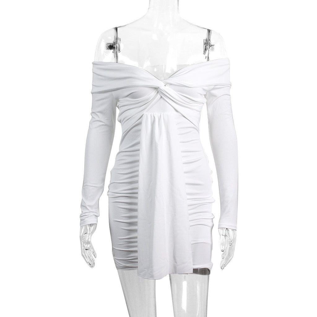 Sexy V-Neck Off-Shoulder Long-Sleeve Pleated Ruffle Dress