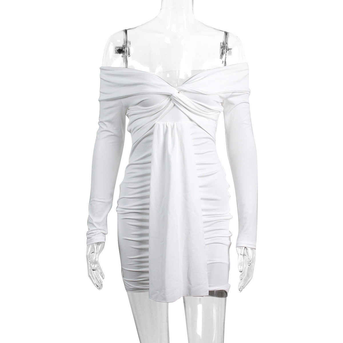 Sexy V-Neck Off-Shoulder Long-Sleeve Pleated Ruffle Dress