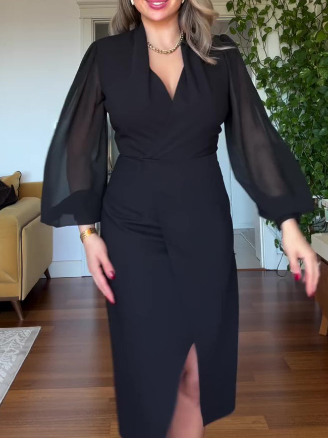 Black V-Neck Chiffon Lantern Sleeve Waist-Cinched Split Midi Dress
