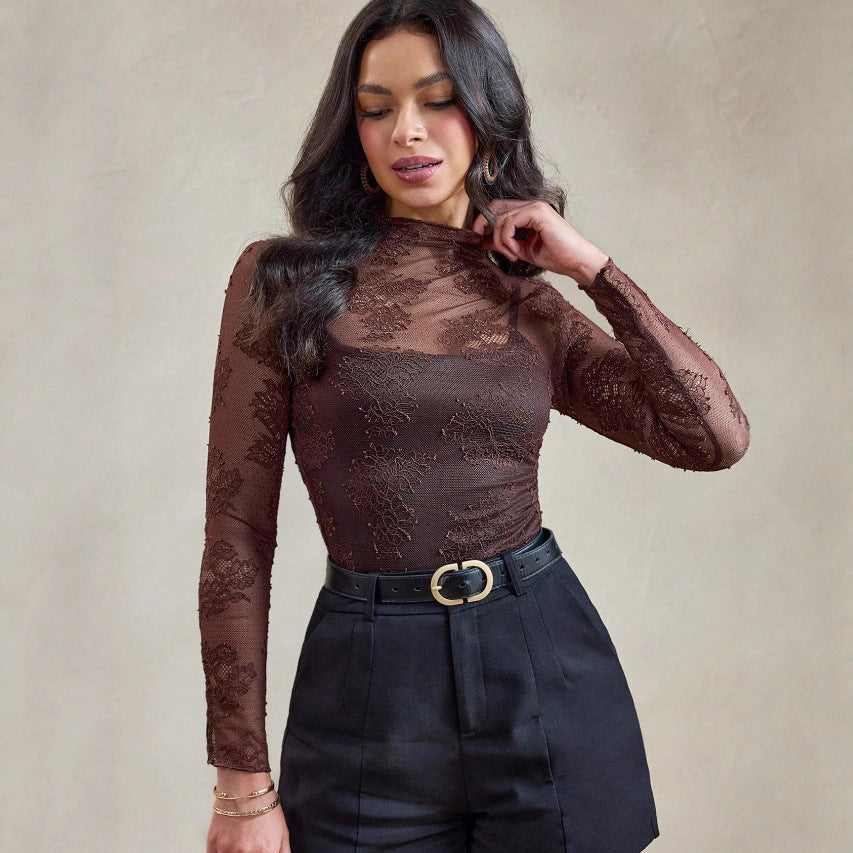 Womens Lace Base Top Tight-Fitting Long-Sleeve Mesh Top