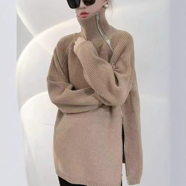 Loose, Mid-Length Effortless-Style Knitted Sweater For Women With Side Zipper And Lapel Design