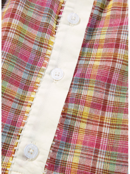 Colorblock Plaid Patchwork Henley Blouse