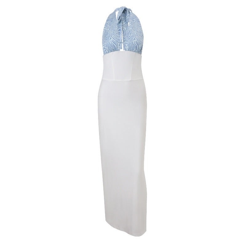 Color Matching Deep V-neck Slim-fit Sheath Backless Temperament Dress