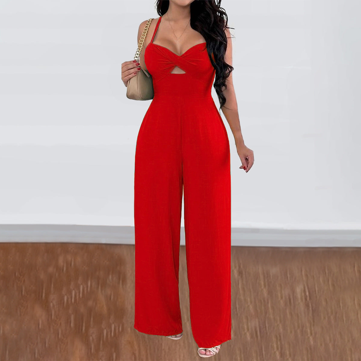 Leisure Vacation Commute Style Solid Color Sling Wide Leg Jumpsuit For Women
