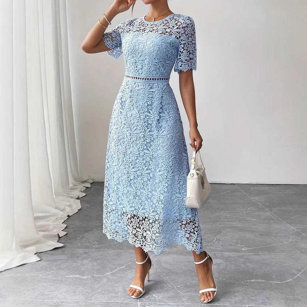 Round Neck Water Soluble Lace Short Sleeve Hollow Lace Elegant Long Dress