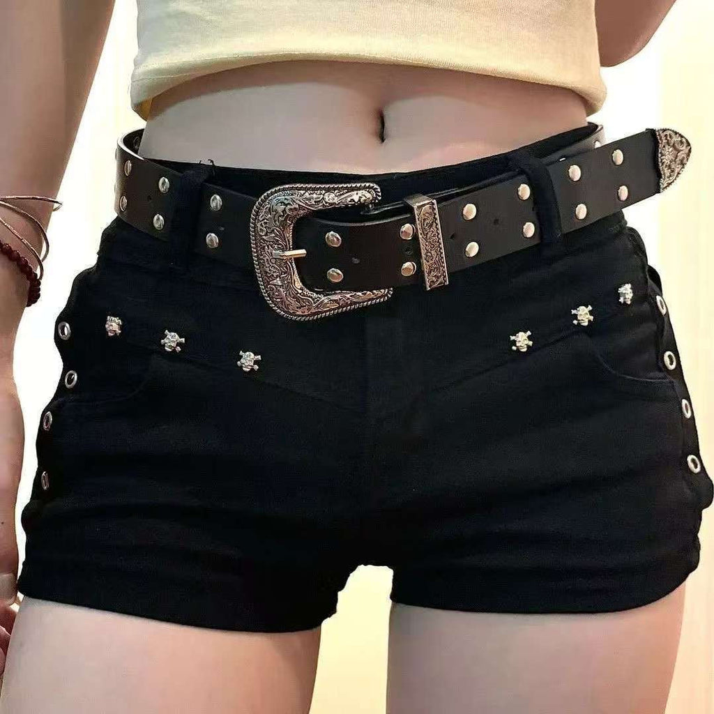Black Sheath Wild Slimming Stretch A- Line Rivet Denim Shorts