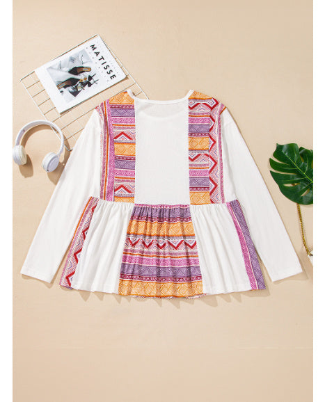 White Western Aztec Print Patchwork Ruffled Tunic Long Sleeve Babydoll Top