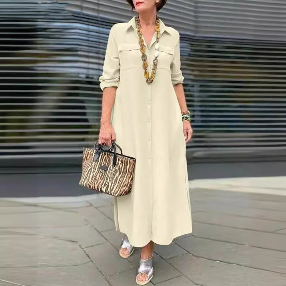 Elegant Solid Color Long Sleeve Button Lapel Dress