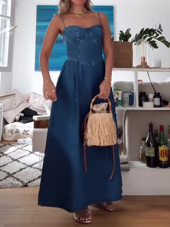Denim Suspenders Maxi Dress