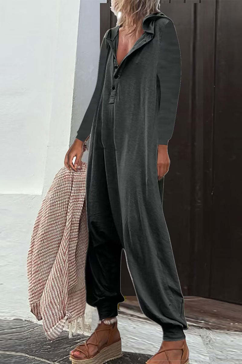 Hooded Side Pocket Long Sleeve Trousers Jumpsuit Baggy Pants