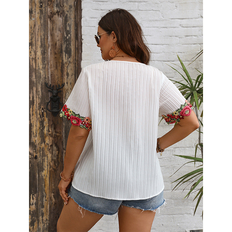 V Neck Loose-fitting Pullover Top With Embroidered Trim And Short Sleeves For Women