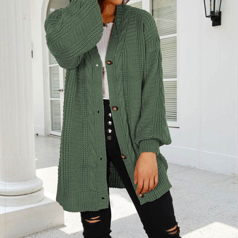 Autumn New Knitted Solid Color Plus Size Cardigan V-neck Twist Lantern Sleeve Coat For Women