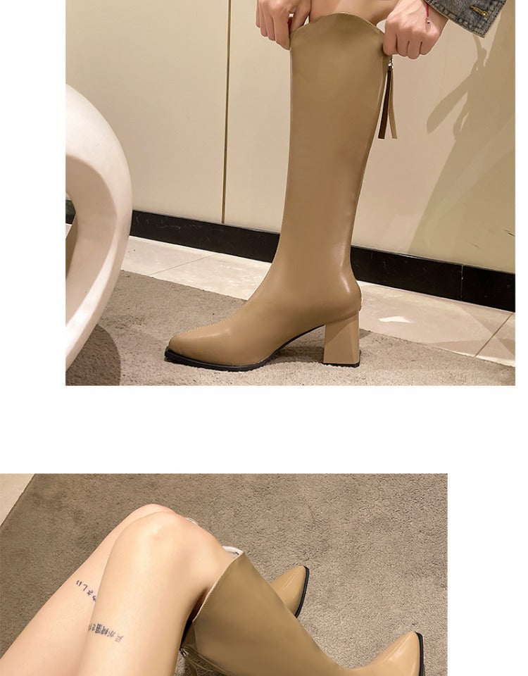 Plus-Size Womens Chunky-Heel Pointed-Toe Mid-Calf Fashion Boots In A Casual Style