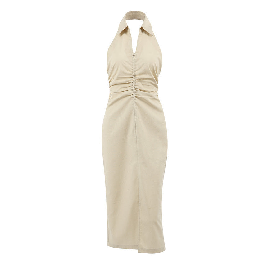 Khaki Cotton And Linen Slim-fit Waist-tight Dress