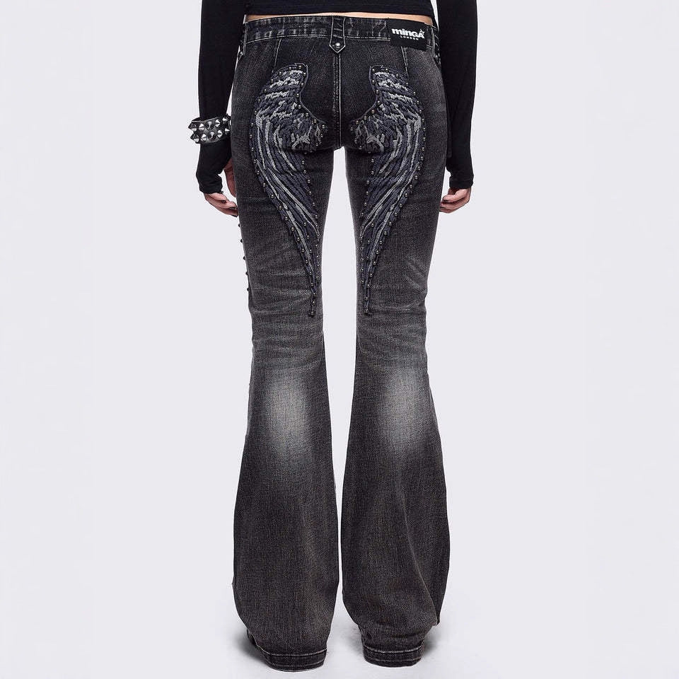 Retro Wing-Pattern Slim-Fit Jeans