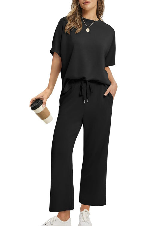 European And American Women's Solid Color Short-sleeved Casual Wide-leg Pants Suit