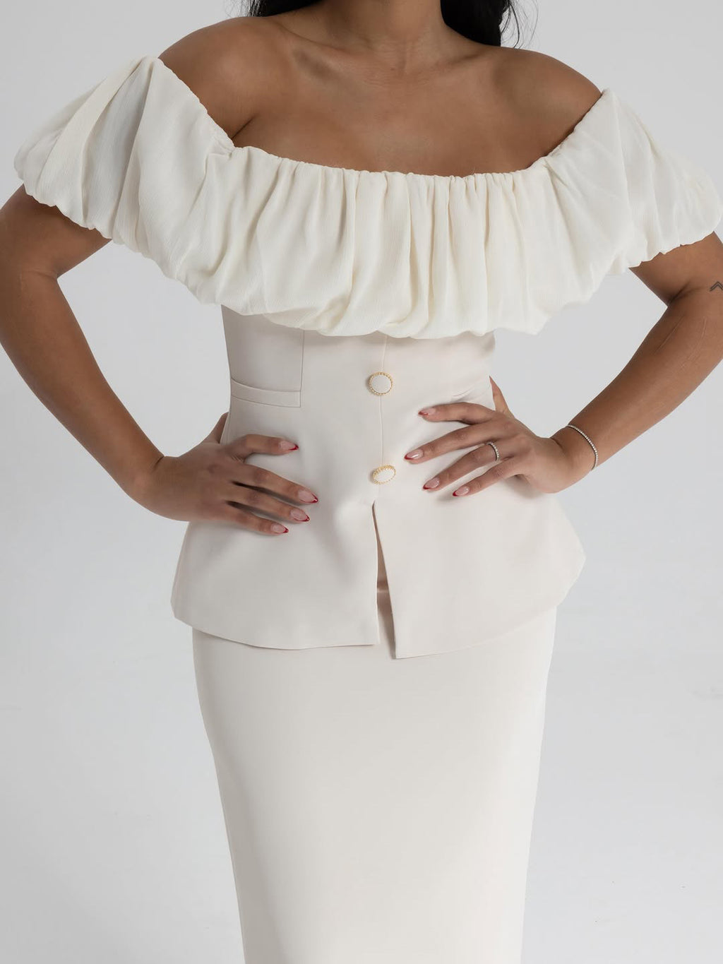 Ivory Off Shoulder Ruffle Top & Tailored High Waisted Skirt 2-Piece Set
