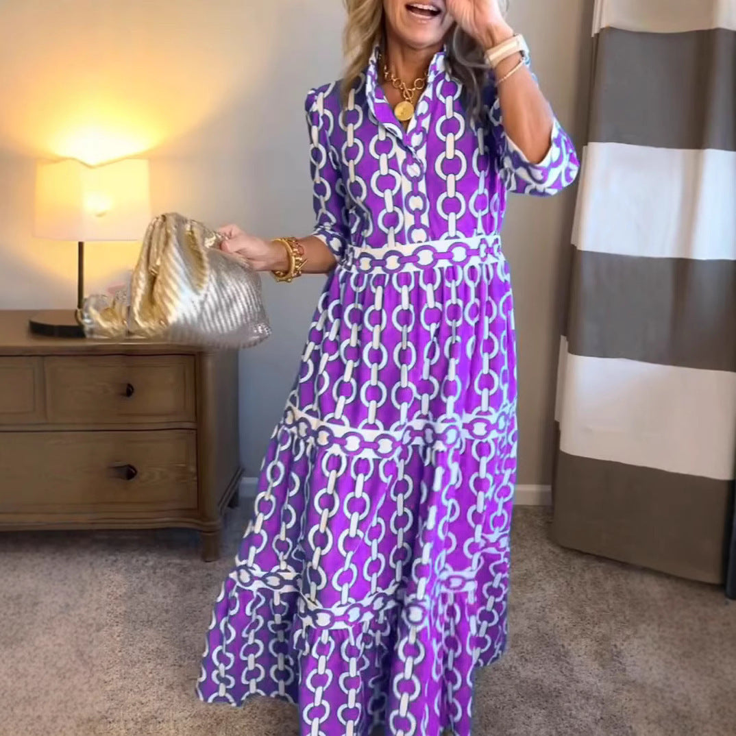 Spring And Summer Geometric Printed Round Neck Women's Maxi Dress