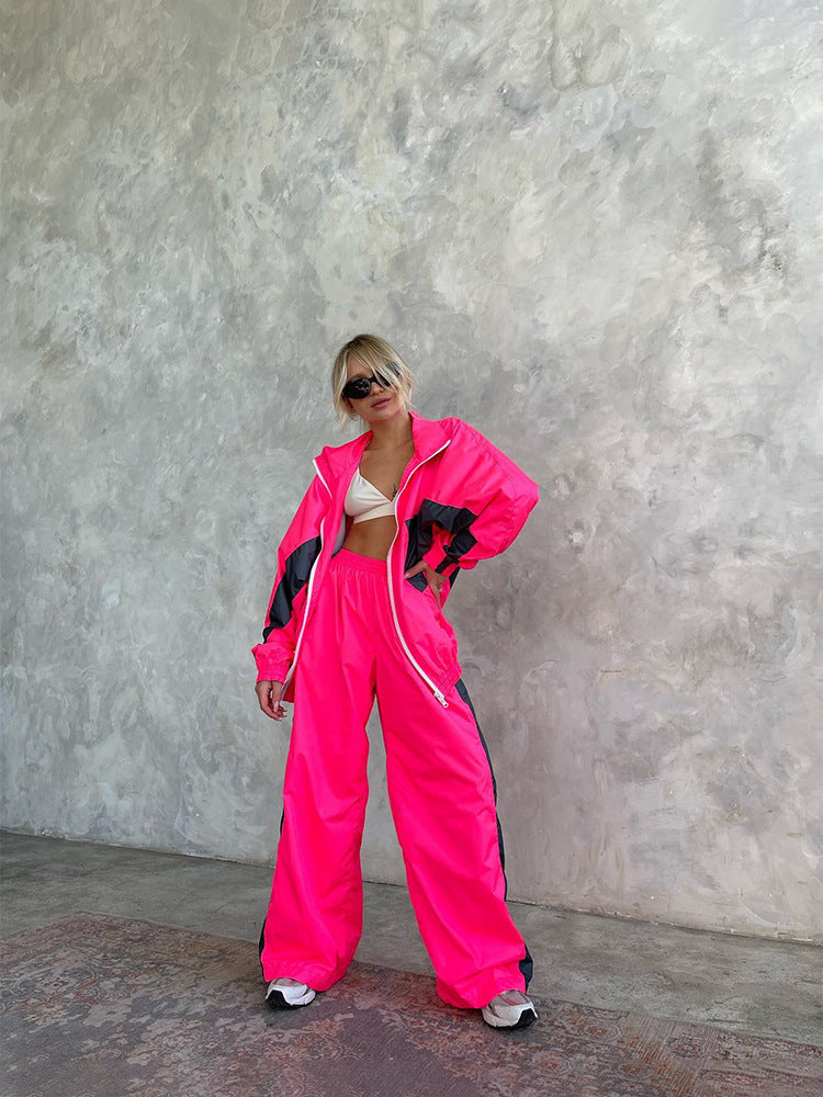 Casual Loose Color Matching Long Sleeve Zipper Cardigan Sports Suit