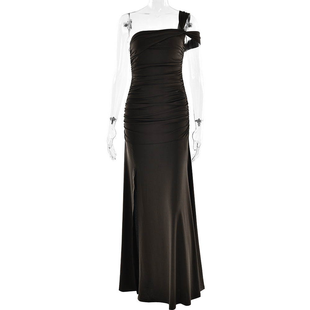Solid Color Sexy Oblique Shoulder Pleated Side Slit Slim Fit Dress
