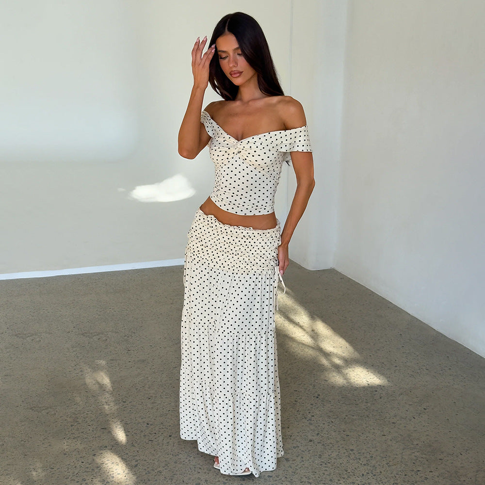 Polka Dot Skirt Set Cold Shoulder Top With A Boat Neckline And A Pleated Midi Skirt