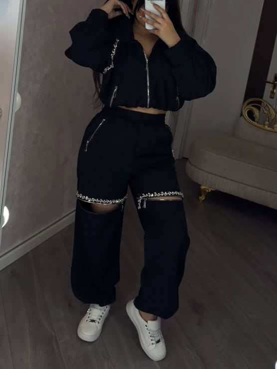 Black Rhinestone Zip-Up Cropped Jacket & Cut-Out Wide Leg Pants 2-Piece Set