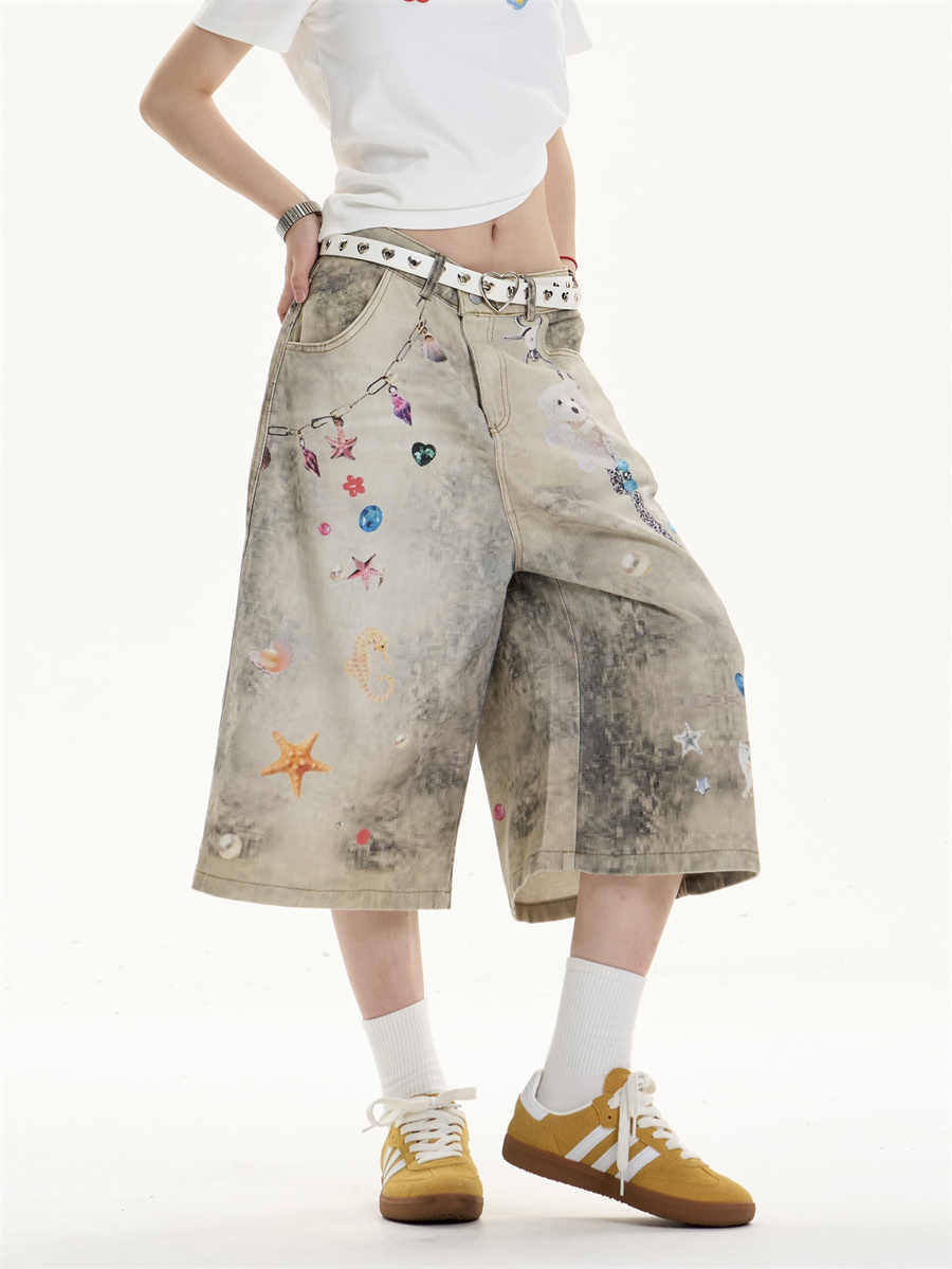 Creative Women's Straight Loose Printed Wide-leg Cropped Jeans