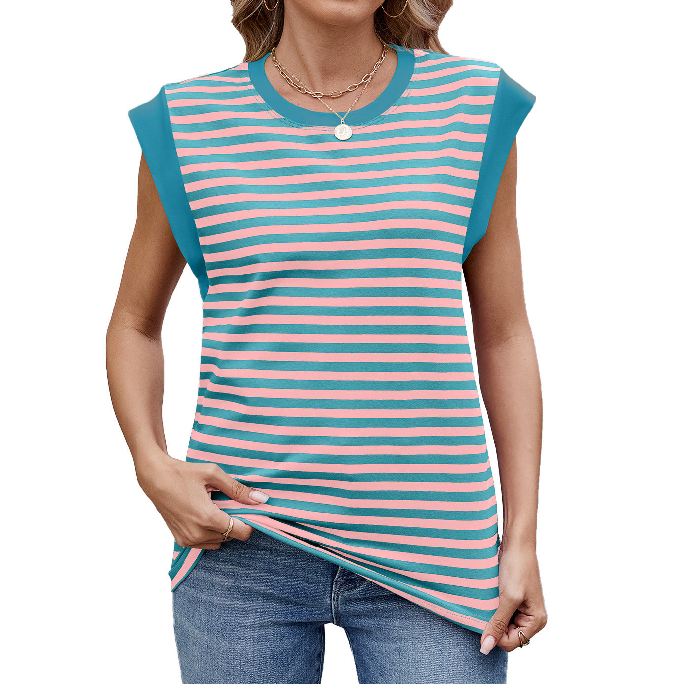 Striped Contrast Color Round Neck Loose Short Sleeves