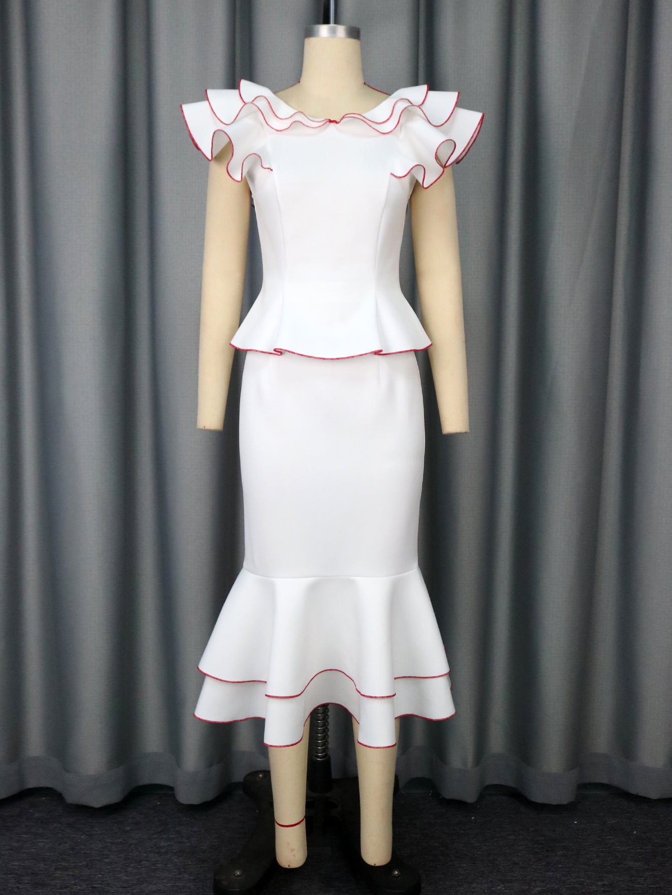 Women's Ruffled Contrast Color Top Temperament Slim Fishtail Skirt Suit