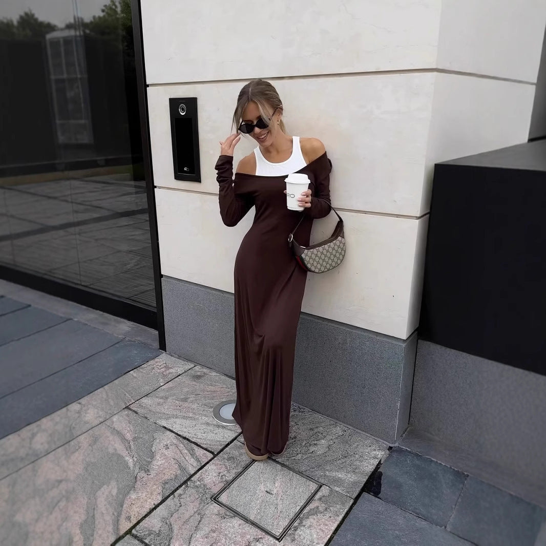 New Long Sleeve Stitching Fake Two-piece Vest Temperament Dress