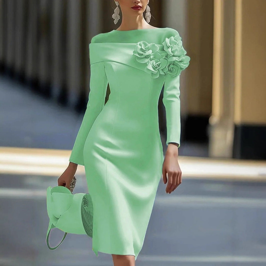 Floral-decorated Solid-color Slim-fit Dress