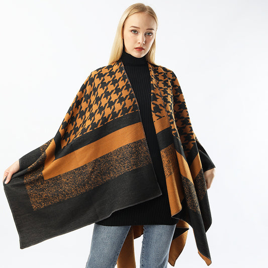 Women's Split Houndstooth Cape And Shawl Fashionable Simple Retro Cloak All-matching